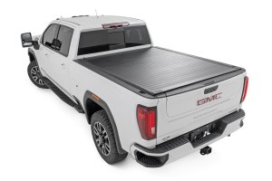 GMC Sierra 3500HD Hard Roll Up Bed Cover - Rough Country - Matte Black Finish with Aluminum Slats - Black - '20-'25